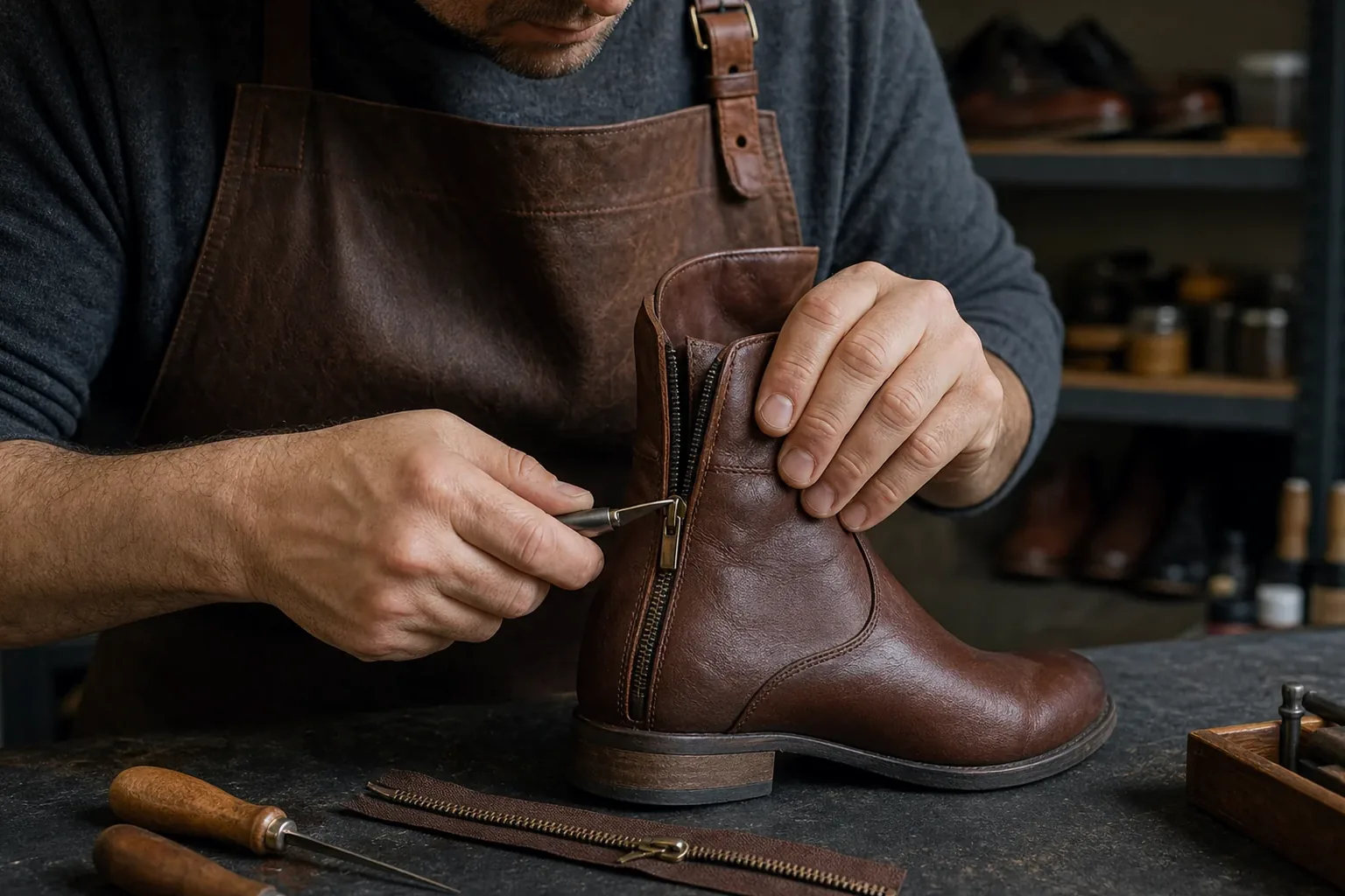 Sapateiro consertando um zíper de bota.